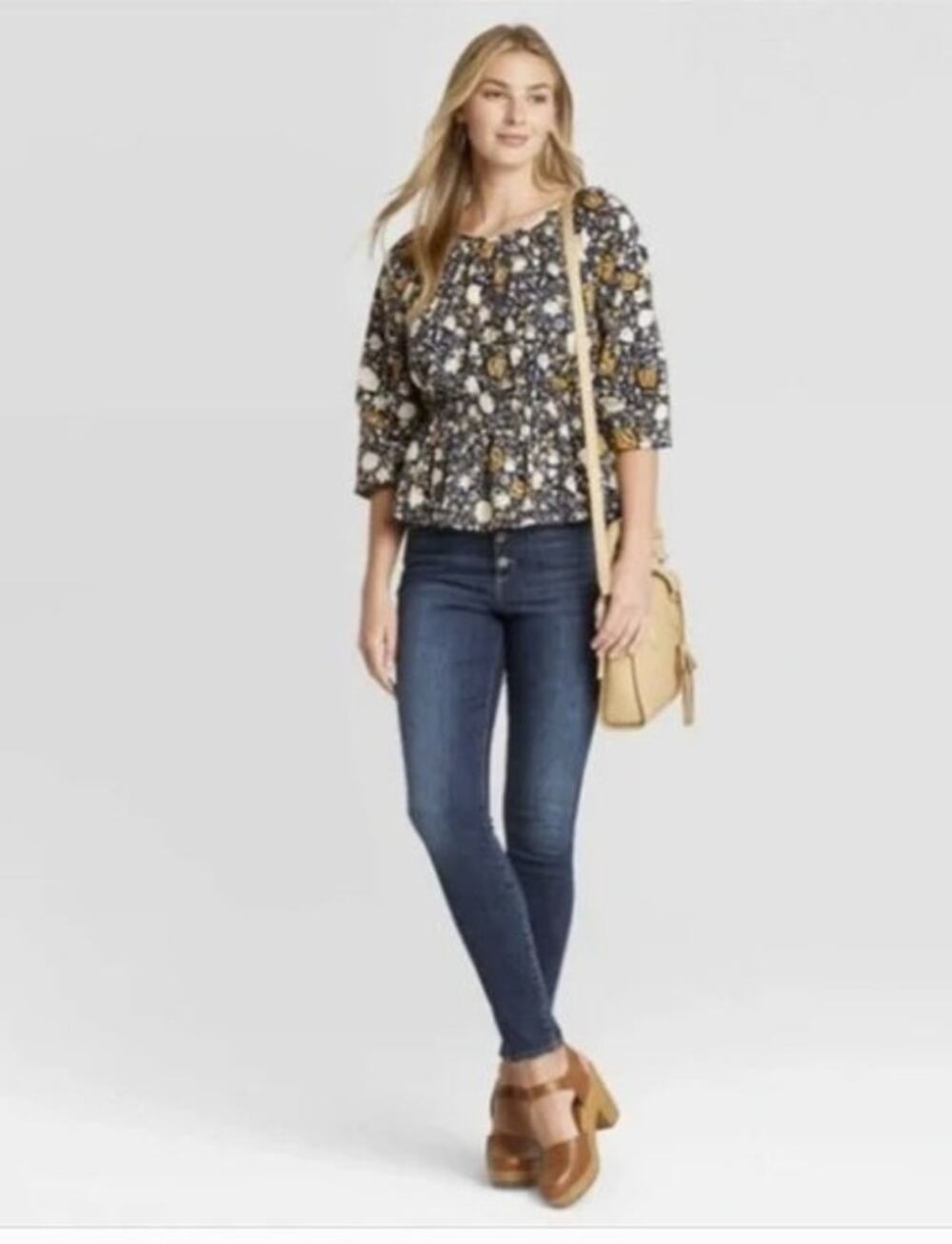 Universal Thread Small Peplum Blouse Blue Floral Bishop Sleeve Cotton Rayon